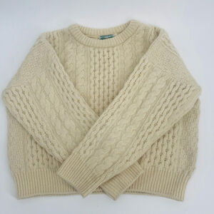 Gaeltarra Pure New Wool Cable Knit Crew Neck Chunky Sweater L Fisherman Beige